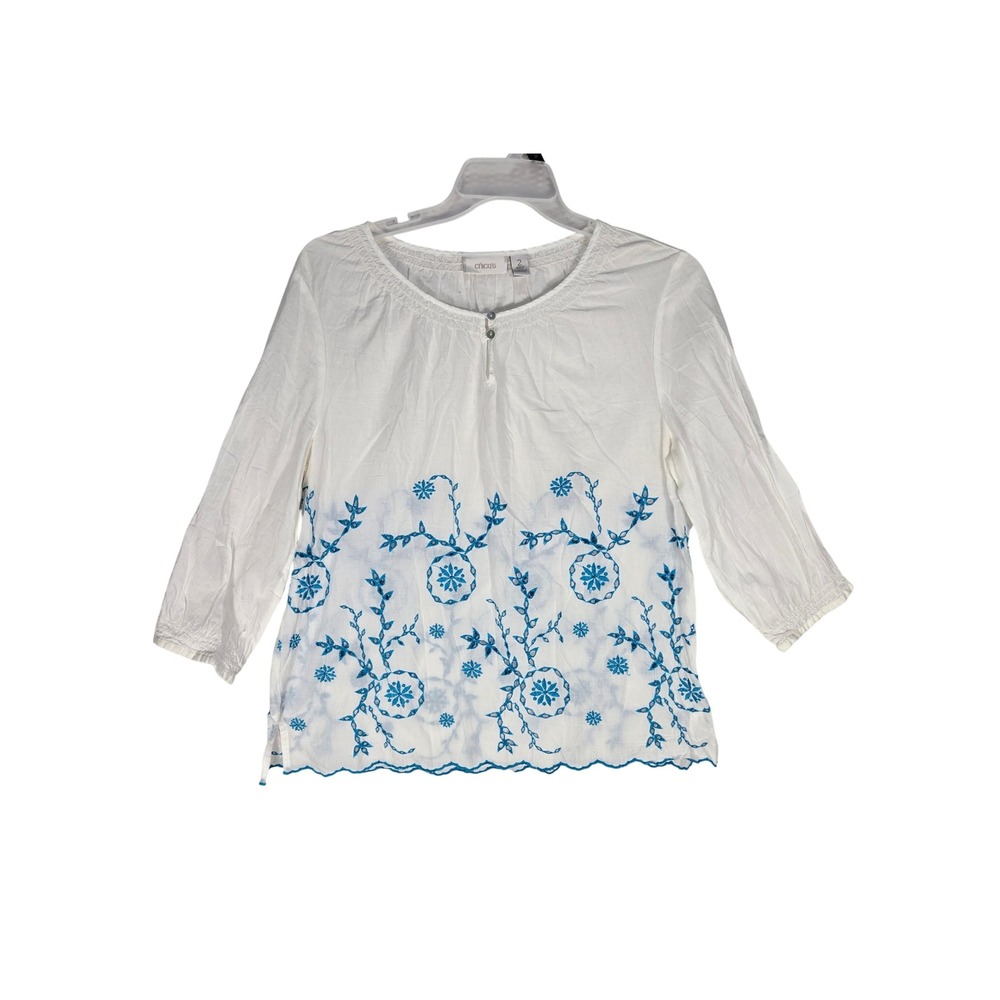 Chico's Blouse Womens 2 Large Embroidered Floral Eyelet White Blue EUC
